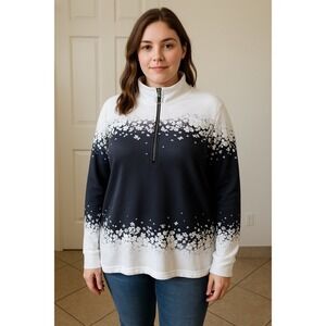 Noracora Sweatshirt Womens Large Black White Floral Quarter Zip Long Sleeve